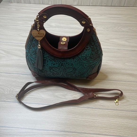 Artesanal Hand Tooled & Painted Vegan Leather Handbag Clutch Brown Turquoise - Picture 9 of 15